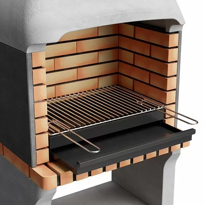 Movelar New Iberia Holzkohlegrill inkl. Ascheschublade - Grillfläche (B x T): 56 x 35 cm, Grau, B x T x H: 69 x 47 x 190 cm - Steingrill aus Ziegeln mit schwarzer Metall-Ascheschale und silbernem Grillrost.