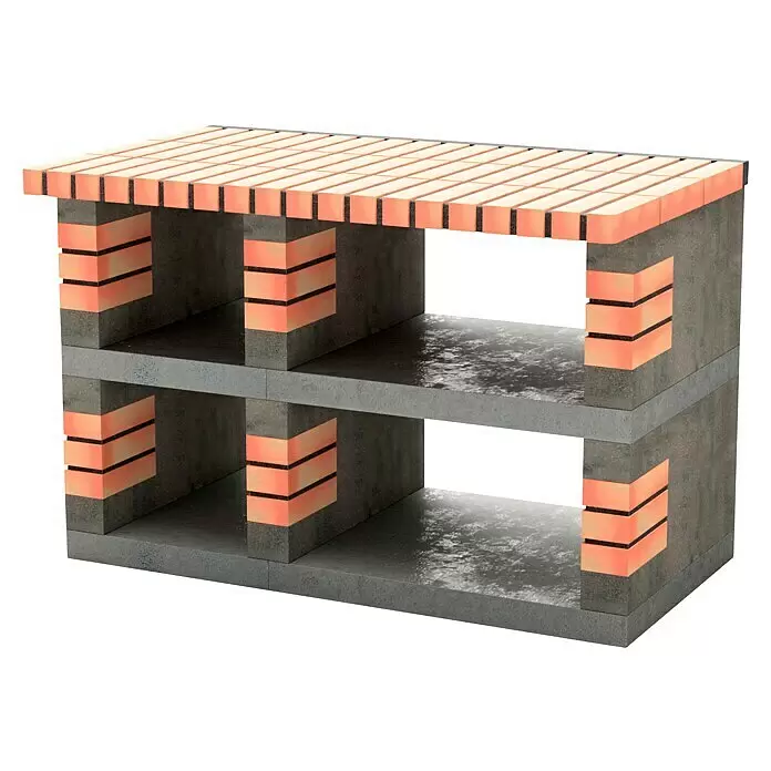 Movelar Pan American Outdoorküchen-Modul - Grau, B x T x H: 80 x 70 x 120 cm - Modulares Regal aus grauem Beton und orangefarbenen Ziegelelementen.