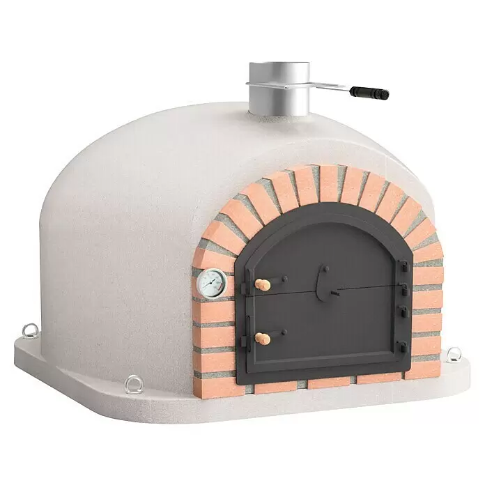 Movelar Outdoorküchen-Modul Gran Canária - Grau, B x T x H: 80 x 80 x 65 cm - Pizzaofen mit heller grauer Kuppel, Ziegelbogen, schwarzer Tür und Schornstein. Mit Thermometer und Holzgriffen.