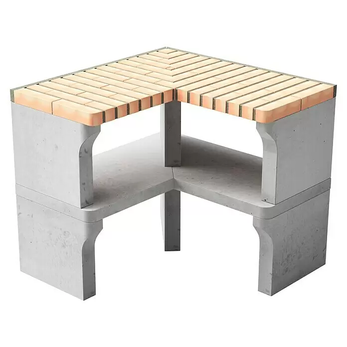 Movelar New Iberia Outdoorküchen-Modul - Grau, B x T x H: 80 x 90 x 46 cm - Beton-Eckbank mit heller Lamellenauflage und unterer Ablagefläche.