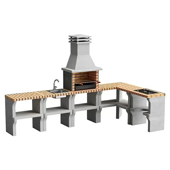 Movelar New Iberia Outdoorküchen-Modul - Grau, B x T x H: 80 x 90 x 46 cm - L-förmige Außenküche aus Beton mit Holzlamellen-Arbeitsplatte, integriertem Grill, Spüle und Gasherd.