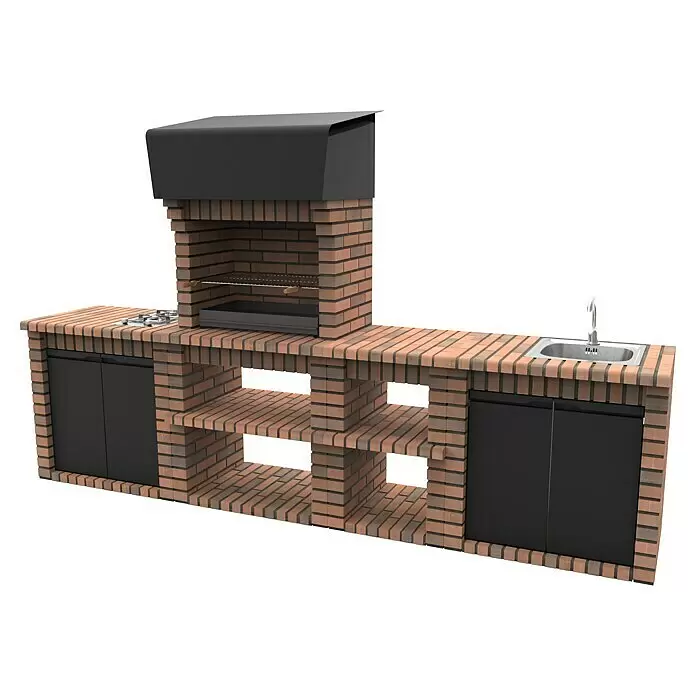 Movelar Volterra Outdoorküchen-Modul - Braun, B x T x H: 61 x 70 x 88 cm - Außenküche aus Ziegelsteinen mit schwarzer Grillhaube, Grill, Seitenbrenner, Spüle und dunklen Schränken.