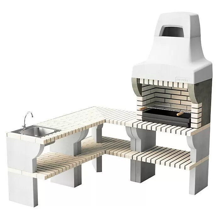 Movelar Bailen Outdoorküchen-Modul - Grau/Beige, B x T x H: 80 x 58 x 95 cm - Weißer Beton-Außengrill und Spülbecken-Einheit mit hellbeigen Ziegelmuster-Arbeitsplatten und -Ablagen, inklusive Edelstahlspüle und Holzkohlegrill.