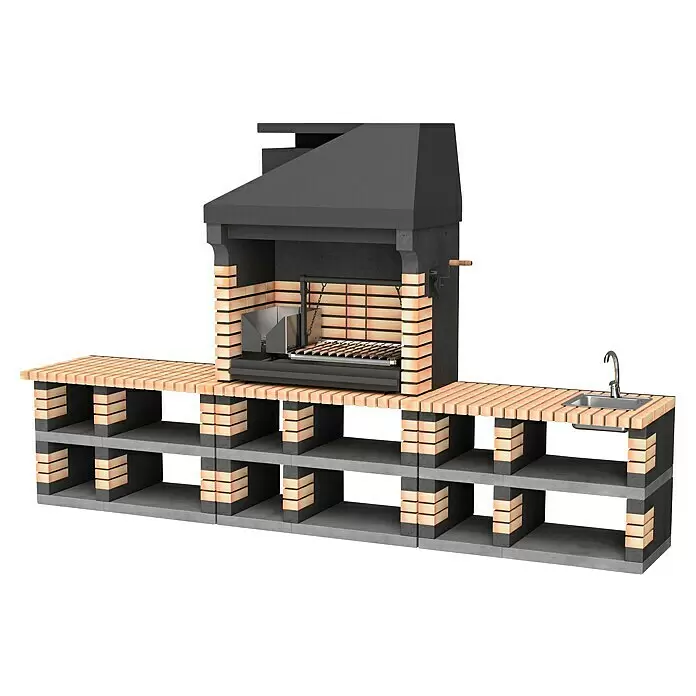 Movelar Pan American Outdoorküchen-Modul - Grau, B x T x H: 80 x 70 x 120 cm - Modulare Außenküche mit Grill aus Ziegeln und Beton, Holzarbeitsplatte und Edelstahlspüle. Mit verstellbarem Grillrost und Regalen.
