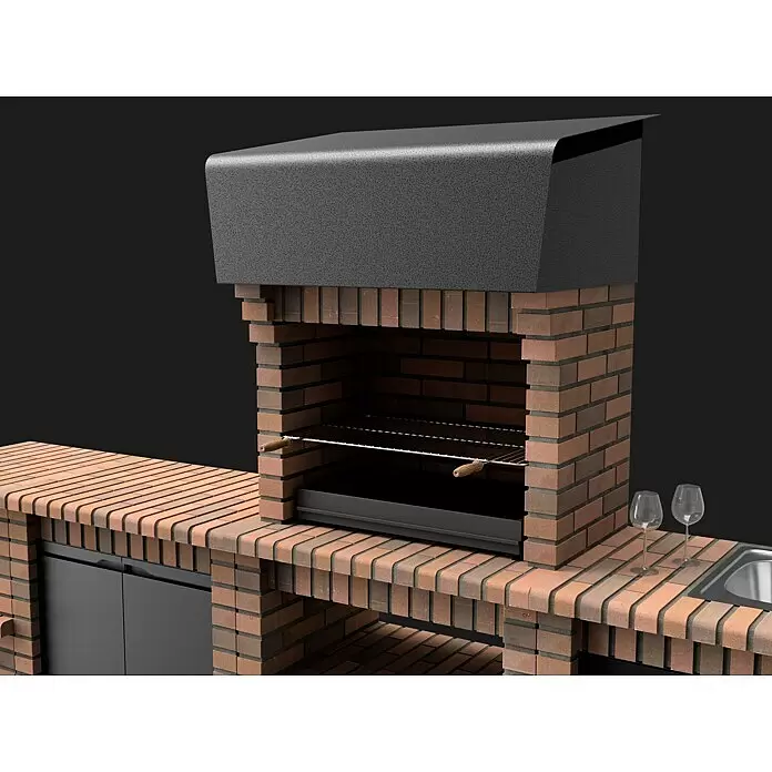 Movelar Volterra Holzkohlegrill - Grillfläche (B x T): 76,5 x 44 cm, Braun - Outdoor-Grill aus Ziegeln mit dunkelgrauer Metallhaube, integrierter Theke und Spüle. Mit Grillrost und Stauraum.