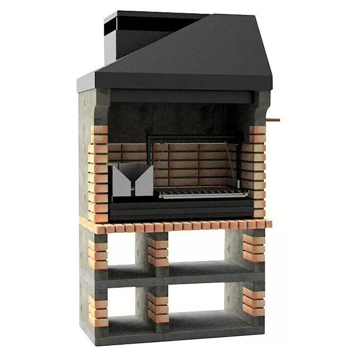 Movelar Pan American Holzkohlegrill - Schwarz/Orange - Eingebauter Grill aus Ziegelstein und Beton mit schwarzem Metallkamin, Grillrost und unteren Ablagefächern.