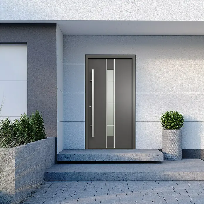Gerda Haustür Thermo Prime 75 Lugano - 100 x 210 cm, DIN Anschlag: Links, Anthrazitgrau, Details in Edelstahl - Moderne Haustür in Anthrazit mit vertikalem Glaseinsatz und langem Griff an einem modernen Haus.