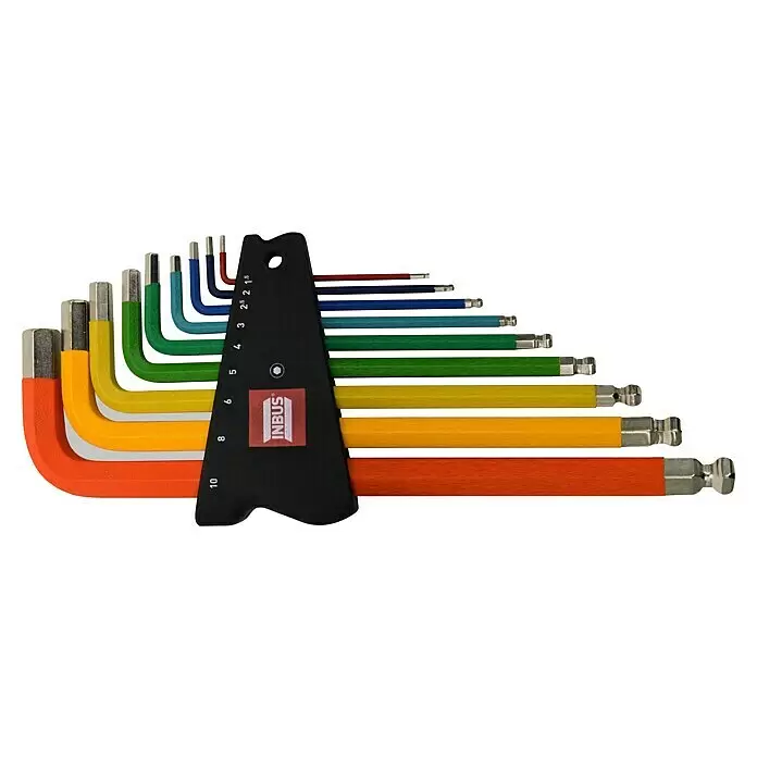 Stiftschlüsselsatz 70273 - 9 -tlg., Schlüsselweite: 1,5 mm - 10 mm - Ein farbiges Set L-förmiger Inbusschlüssel in einem schwarzen Halter, von 1,5 mm bis 10 mm. Enthält Kugelkopfschlüssel für einfachen Zugang.