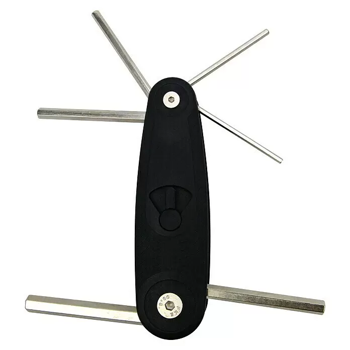 Stiftschlüsselsatz 70136 - 6 -tlg., Schlüsselweite: 2,5 mm - 8 mm - Schwarzes Multi-Tool mit aufgefächerten silbernen Inbusschlüsseln für Reparaturen oder Montage.