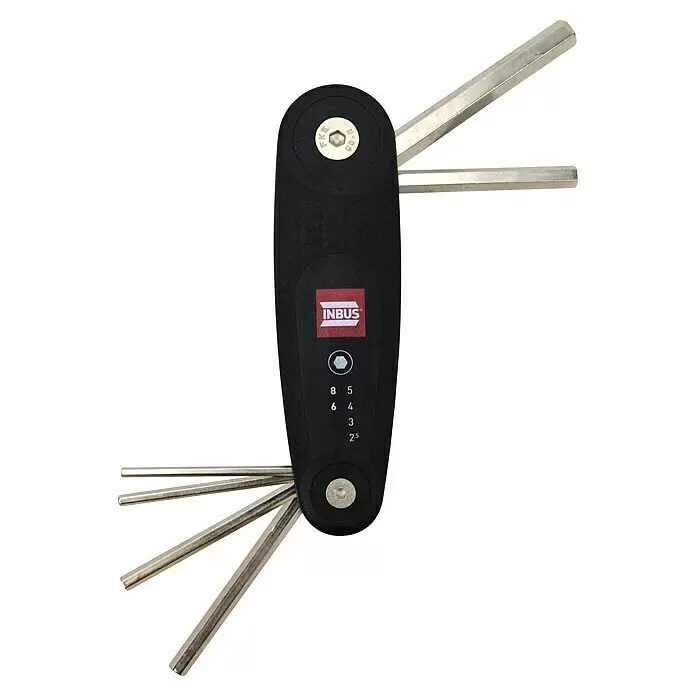 Stiftschlüsselsatz 70136 - 6 -tlg., Schlüsselweite: 2,5 mm - 8 mm - Schwarzer, klappbarer Inbusschlüsselsatz mit silbernen Metallschlüsseln, der verschiedene Größen zeigt.