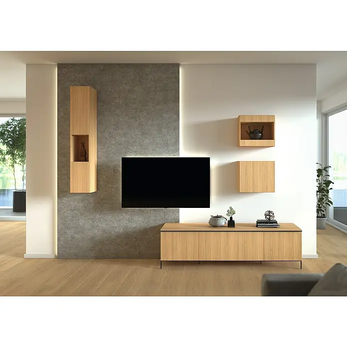 Egger Wandpaneel DecoWall - Rovigo Beton, 125 cm x 66 cm x 12 mm - Helles Wohnzimmer mit Holzmöbeln und einem modernen TV-Bereich, der eine warme und einladende Atmosphäre schafft.