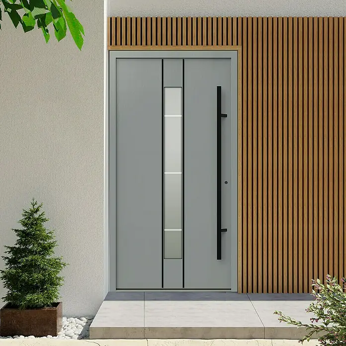 Gerda Haustür Thermo Prime 75 Lugano - 100 x 210 cm, DIN Anschlag: Rechts, Grau, Schwarze Details - Modernes Haustürdesign mit grauer Tür, vertikalen Holzpaneelen und langem, schwarzem Griff. Stilvoller Eingangsbereich für jedes Zuhause.