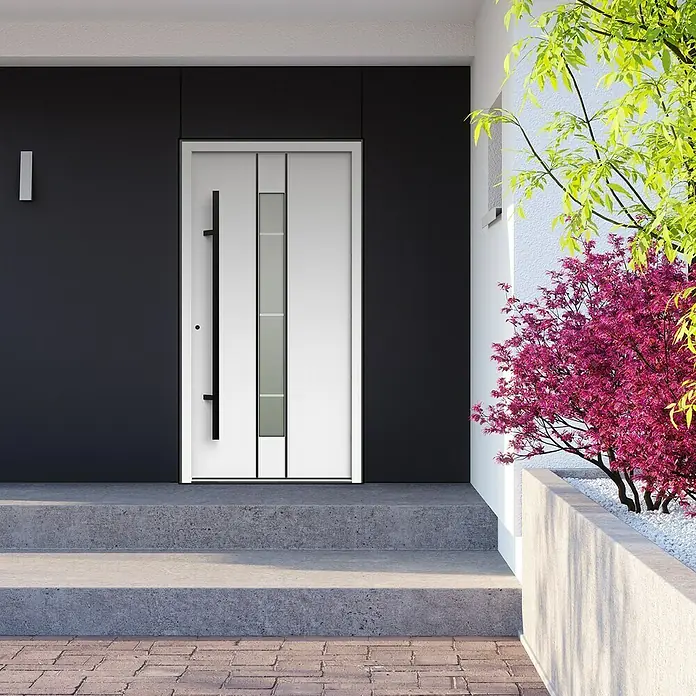 Gerda Haustür Thermo Prime 75 Lugano - 100 x 210 cm, DIN Anschlag: Links, Weiß, Schwarze Details - Moderne Haustür mit schlichtem Design in Weiß und Schwarz, ergänzt durch einen stilvollen, schwarzen Türgriff.