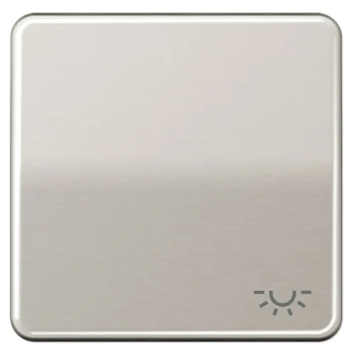 Jung CD 500 Universalwippe CD590LPT - Mit Symbol Licht, Platin glänzend, Aluminium - Quadratischer, silberfarbener Dimmerschalter mit abgerundeten Ecken und einem Helligkeitssymbol in der unteren rechten Ecke.