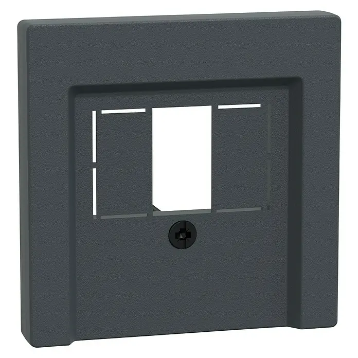 Merten System M TAE-Abdeckung 297914 - Anthrazit matt, Kunststoff - Frontansicht einer grauen Keystone-Wandplatte mit einem Schraubenloch und einer rechteckigen Öffnung für Keystone-Module.