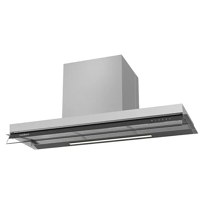 Corberó Campana de pared Mara 9075X - Ancho: 90 cm, Máx. Potencia del ventilador en modo extracción: 700 m³/h, Acero inoxidable - Imagen del producto de una campana extractora moderna de acero inoxidable para la cocina. Asegura aire limpio al cocinar.