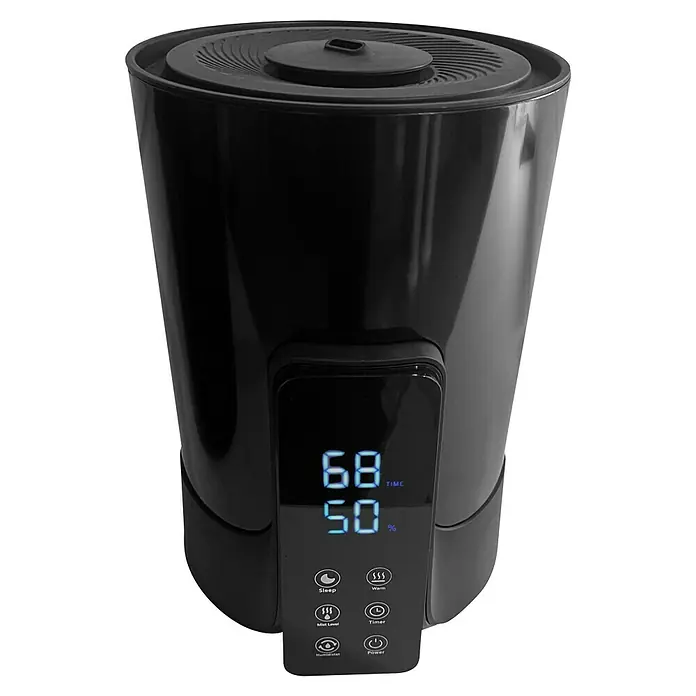 Purline Humidificador Hydro 18 - 22 x 22 x 32 cm, Negro - Humidificador negro con pantalla digital que muestra la hora y la humedad, además de botones de control.