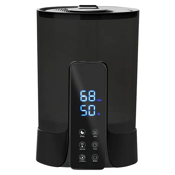 Purline Humidificador Hydro 18 - 22 x 22 x 32 cm, Negro - Imagen de un humidificador con una pantalla digital que muestra la temperatura y la humedad.
