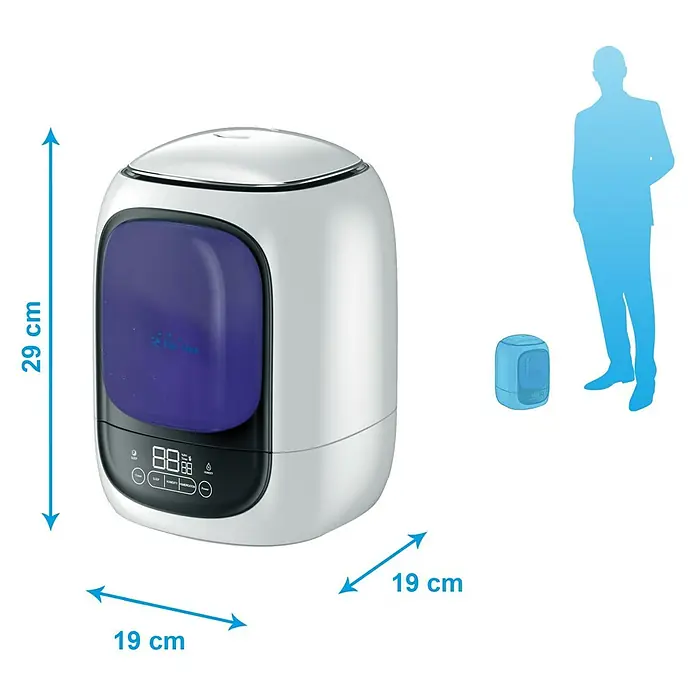 Purline Humidificador Hydro 10 - 19 x 19 x 29 cm, Blanco - Imagen del producto de un humidificador, que mide 29x19x19 cm, que muestra el tamaño en relación con una persona.