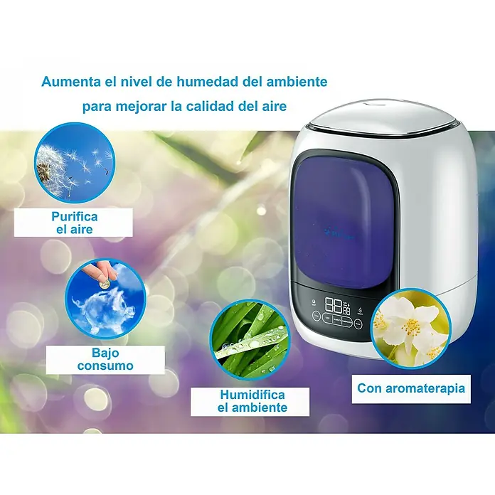 Purline Humidificador Hydro 10 - 19 x 19 x 29 cm, Blanco - Este humidificador mejora la calidad del aire aumentando la humedad y con aromaterapia.