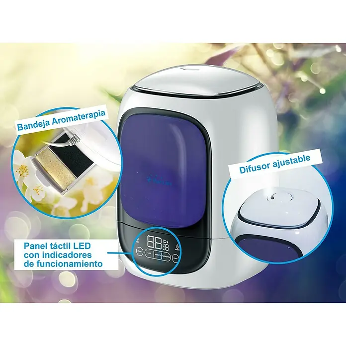 Purline Humidificador Hydro 10 - 19 x 19 x 29 cm, Blanco - Difusor de aromaterapia con difusor ajustable, panel táctil LED y bandeja de aromaterapia para un ambiente agradable.