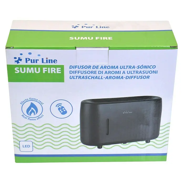 Purline Humidificador y difusor de aromas Sumu Fire - 8 x 20 x 11 cm, Negro - Imagen de una lámpara difusora de aromas "Pur Line SUMU FIRE" con difusor de aromas ultrasónico, que aporta un ambiente agradable y un toque de elegancia.
