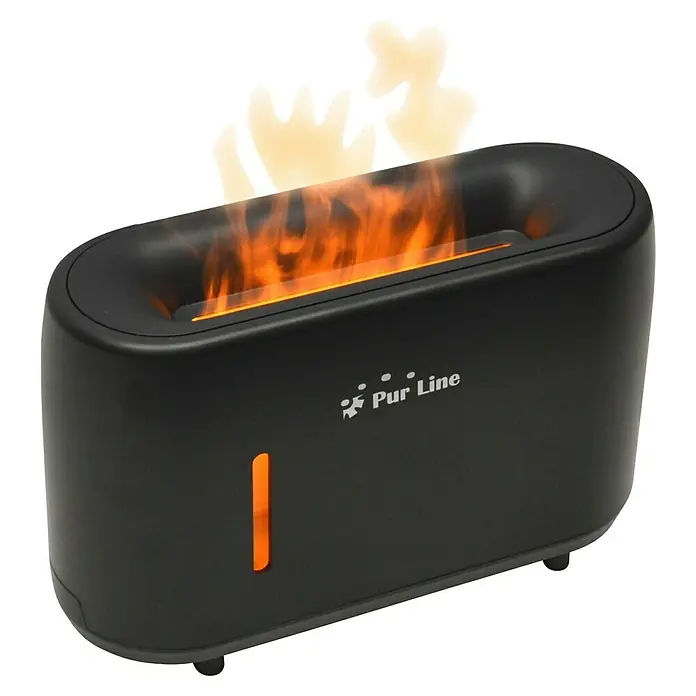 Purline Humidificador y difusor de aromas Sumu Fire - 8 x 20 x 11 cm, Negro - Primer plano de un difusor de aroma Pur Line con efecto de llama. Perfecto para crear un ambiente relajante en la habitación.