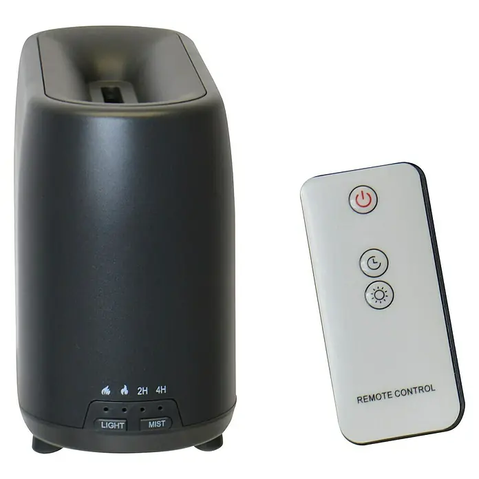 Purline Humidificador y difusor de aromas Sumu Fire - 8 x 20 x 11 cm, Negro - Imagen de un difusor de aroma negro con mando a distancia. El dispositivo tiene botones para luz y niebla, además de ajustes de temporizador para 2 y 4 horas.