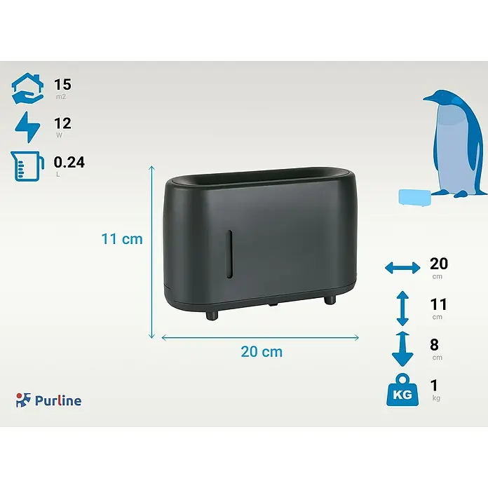 Purline Humidificador y difusor de aromas Sumu Fire - 8 x 20 x 11 cm, Negro - Imagen del producto con las dimensiones del humidificador y algunos datos técnicos como la potencia y la capacidad.
