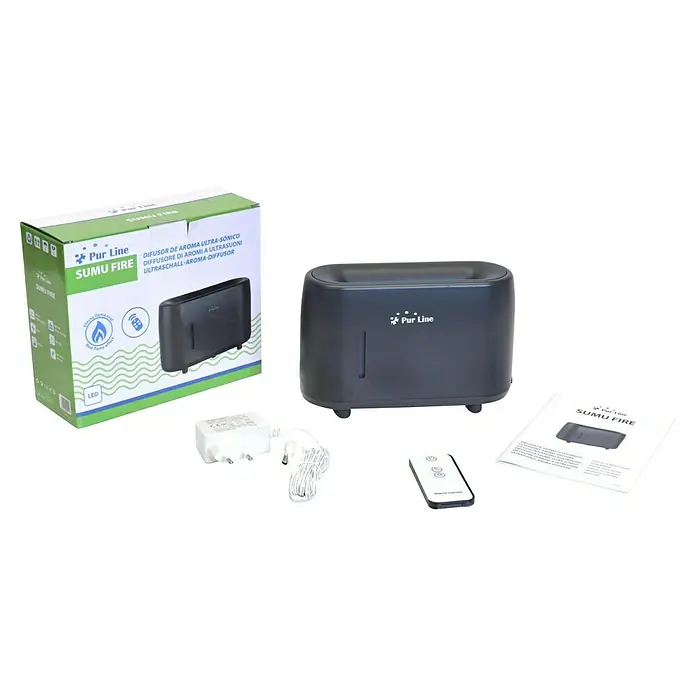 Purline Humidificador y difusor de aromas Sumu Fire - 8 x 20 x 11 cm, Negro - Imagen del difusor de aroma Pur Line Sumu Fire, incluyendo accesorios como mando a distancia, fuente de alimentación y manual, con embalaje.