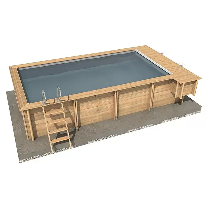 myPool Holz-Pool Urban - 650 x 398 x 133 cm, 18.200 l, Braun, Grau - Rechteckiger, oberirdischer Holzpool mit grauer Folie, Leiter und kleiner Plattform. Auf Betonplatte.