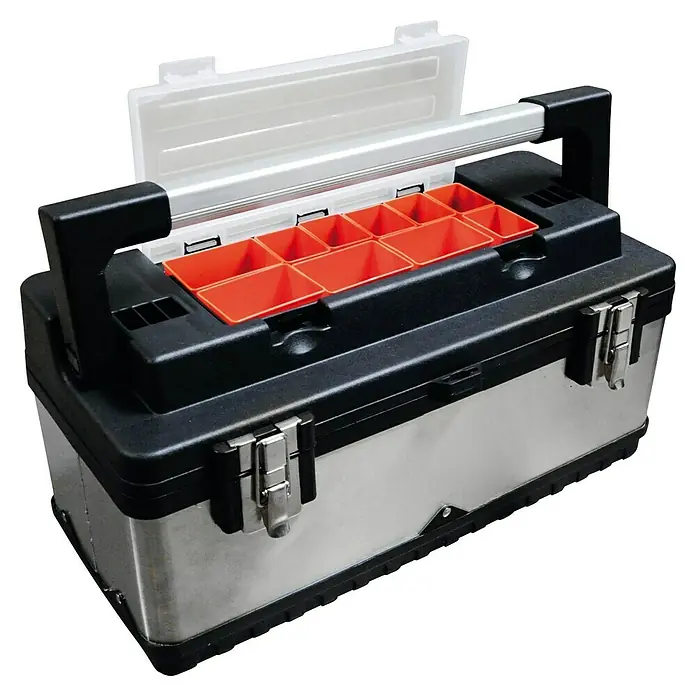 Caja para herramientas - L x An x Al: 255 x 505 x 235 mm, Acero inoxidable - Caja de herramientas con asa, detalles en negro y plata, y contenedores rojos transparentes para organizar piezas pequeñas.