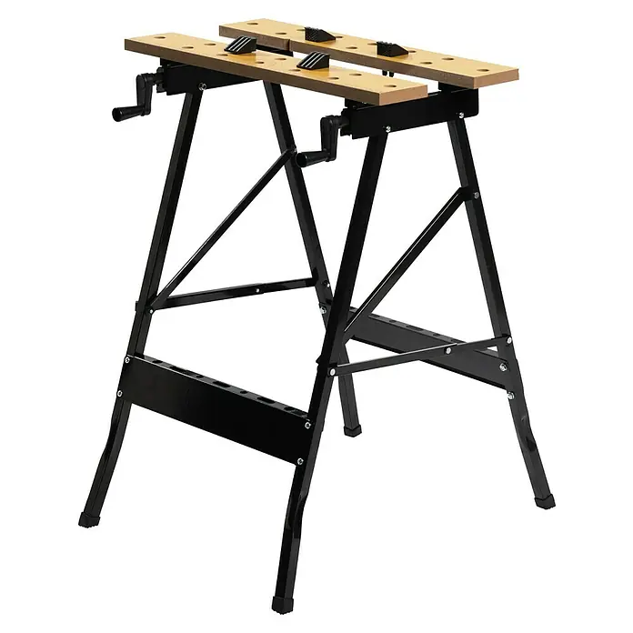 Banco de trabajo plegable - L x An: 62 x 46,5 cm, Altura de trabajo: 76 cm, Carga soportada: 150 kg - Banco de trabajo con estructura de metal negro y encimera marrón claro. El banco ofrece una superficie de trabajo estable.