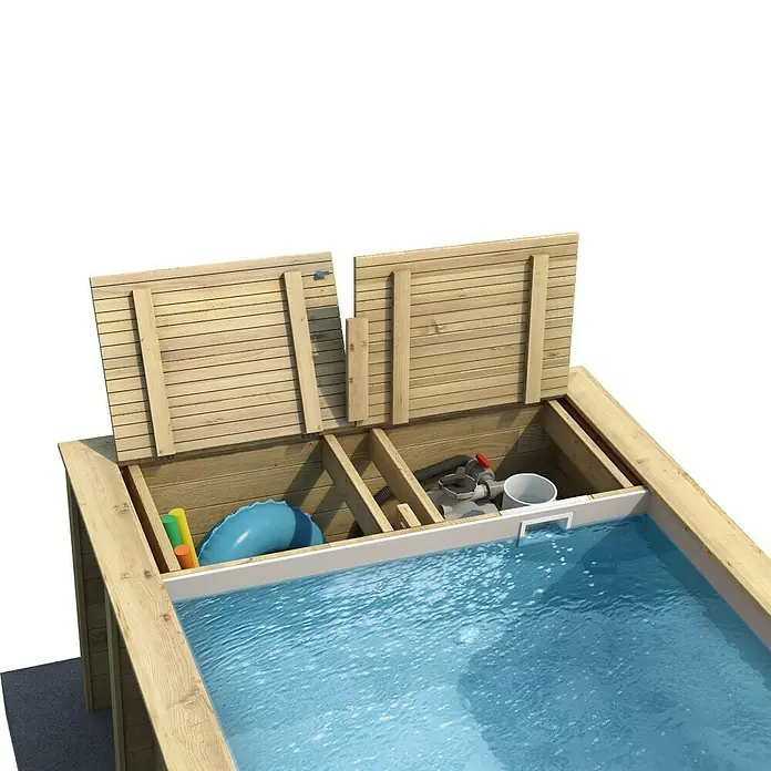 myPool Holz-Pool Pool`N Box - 610 x 237 x 133 cm, 12.000 l, Braun, Grau - Das Bild zeigt einen hölzernen Pool mit eingebautem Stauraum für Poolzubehör unter den aufklappbaren Holzbänken. Praktisch und platzsparend!