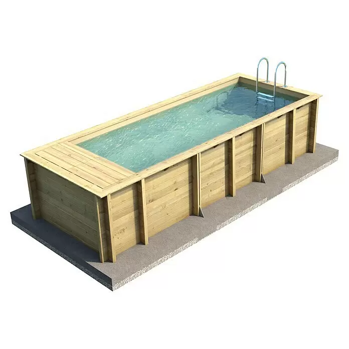 myPool Holz-Pool Pool`N Box - 610 x 237 x 133 cm, 12.000 l, Braun, Grau - Rechteckiger Aufstell-Holzpool mit klarem blauem Wasser und Metallleiter, auf Betonfundament.