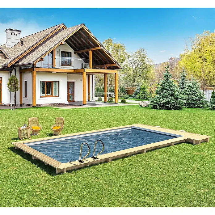 myPool Holz-Pool Urban - 650 x 398 x 133 cm, 18.200 l, Braun, Grau - Haus mit Pool im Garten.