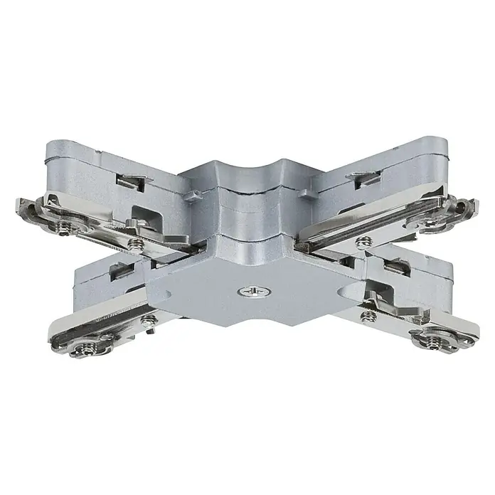 Paulmann URail X-Verbinder - 10,4 x 10,4 cm, Metall, Chrom matt - Nahaufnahme eines silbernen, kreuzförmigen Beschlags mit vier Armen, die jeweils mit Metallschienen und Schrauben befestigt sind.