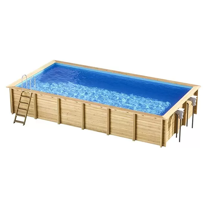 myPool Holz-Pool Weva - 853 x 453 x 146 cm, 32.000 l, Braun, Blau - Rechteckiger Aufstell-Holzschwimmbecken mit blauem Wasser, Leiter und Filtersystem.