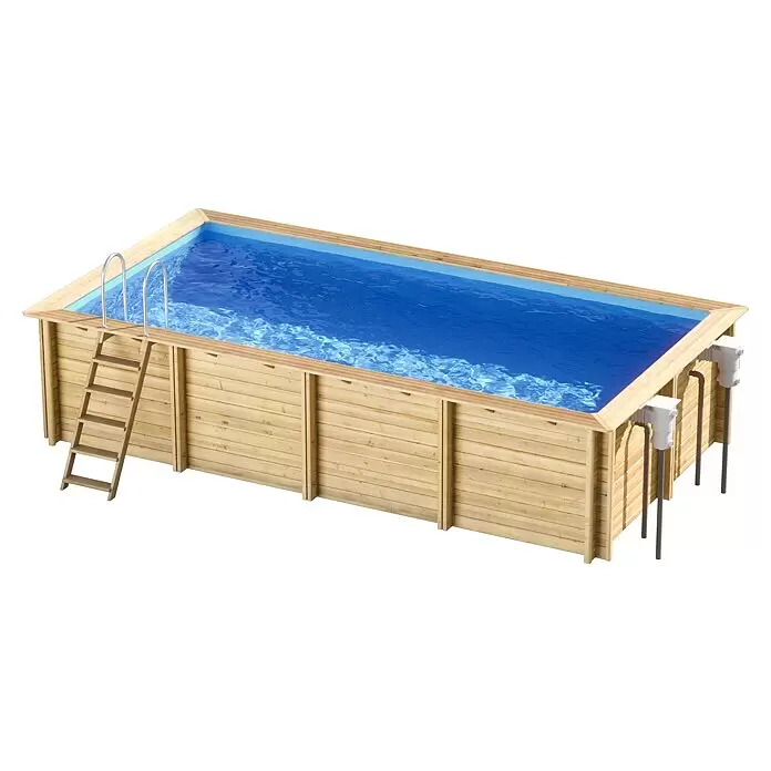 myPool Holz-Pool Weva - 653 x 353 x 146 cm, 24.000 l, Braun, Blau - Hölzerner rechteckiger Aufstellpool mit blauem Wasser, Leiter und externem Filtersystem.
