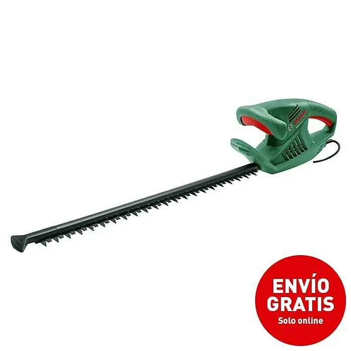 Bosch Cortasetos eléctrico EasyHedgeCut 55 - 450 W, Longitud de corte: 55 cm - Esta imagen muestra un cortasetos Bosch con mangos verdes y una cuchilla larga y negra.