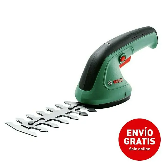 Bosch Podadora de batería EasyShear - 3,6 V, Iones de litio, 1 batería, Anchura de la hoja: 8 cm - La imagen muestra una tijera de césped inalámbrica Bosch verde con mango negro y hojas plateadas sobre un fondo blanco.