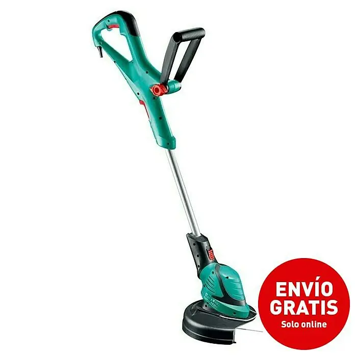 Bosch Recortabordes eléctrico Art 27 - 450 W, Ancho de corte hilo: 27 cm - Imagen de un cortacésped. El cortacésped tiene un mango ajustable y un sistema de corte con hilo. El dispositivo es verde y negro.