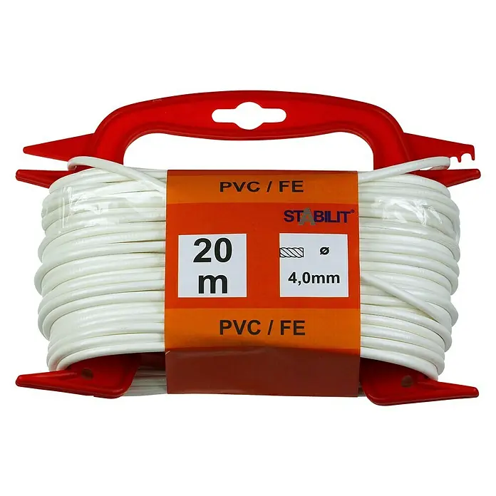 Stabilit Wäscheleine - Ø x L: 4 mm x 20 m, Weiß - Nahaufnahme einer 20m PVC/FE-Drahtrolle (4,0mm) von Stabilit mit rotem Tragegriff auf schwarzem Hintergrund.