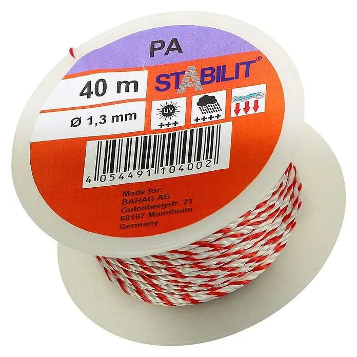 Stabilit Vielzweckschnur - Ø x L: 1,3 mm x 40 m, Rot/Weiß, Polyester - Ein Knäuel Stabilit Maurerschnur PA, 40m lang, 1,3mm dick, rot-weiß gedreht, UV- und wasserbeständig, hergestellt in Deutschland.
