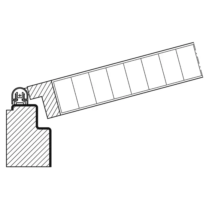 Fingerschutz Athmer BU-16K+ - 1.755 mm, Silber, Passend für: Banddurchmesser: 15 – 16 mm - Schematische Darstellung einer geöffneten Tür mit Rahmen und Dichtung, die die Konstruktionsweise und Funktionalität des Produkts zeigt.