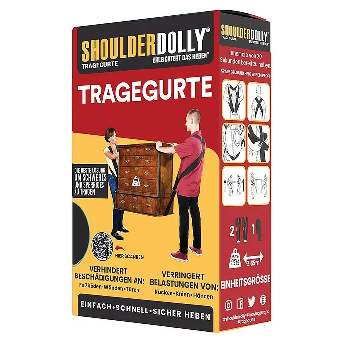 Tragegurt - Traglast: 370 kg - Produktverpackung der ShoulderDolly Tragegurte. Das Tragegurtsystem erleichtert das Heben von schweren Gegenständen bis 370kg.