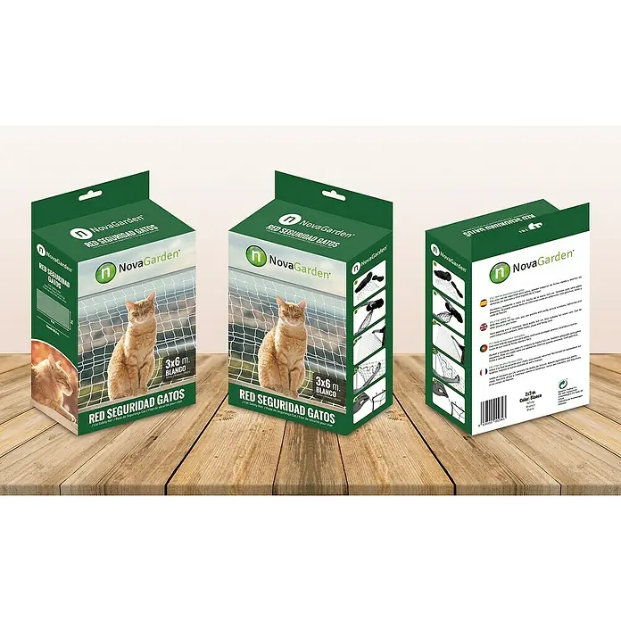 Red de protección para gatos - 3 x 6 m, Poliéster - Imagen del producto con redes de seguridad para gatos NovaGarden en varias vistas, dimensiones 3x6 m, color blanco.