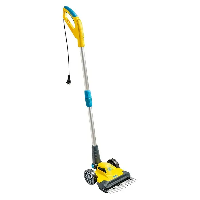 Gloria Elektro-Rasenmäher FineCut 230V - 60 W, Schnittbreite: 25 cm - Elektrischer Rasenkantenschneider in Gelb und Silber mit blauem Griff und schwarzem Kabel für präzise Rasenpflege.