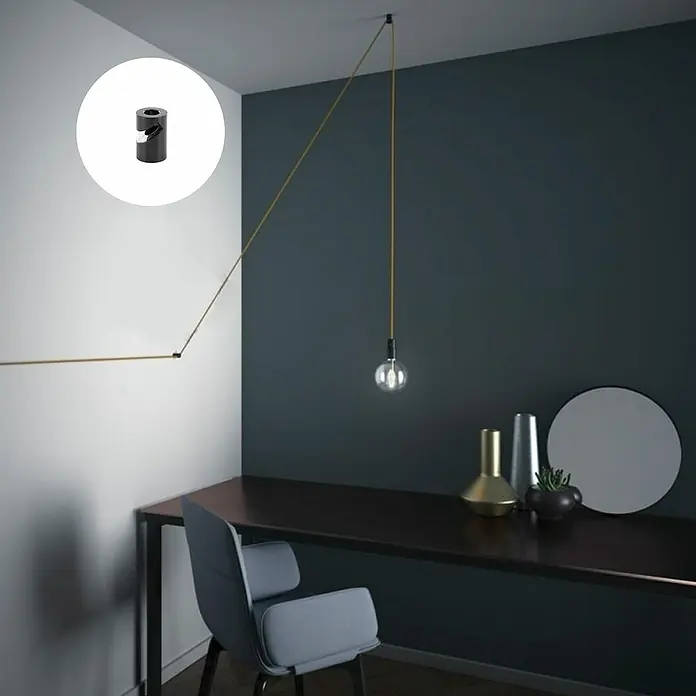 Chacon Gancho para colgar lámparas de techo V - Negro - Primer plano de un soporte de cable negro para fijar un cable a una pared o techo para crear una iluminación decorativa.