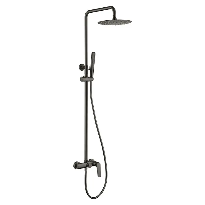 Imex Delos Sistema de ducha - Grifo monomando, Black gun metal - Un elegante juego de ducha oscuro con rociador de cabeza y ducha de mano que impresiona por su diseño moderno y promete una experiencia de ducha lujosa.